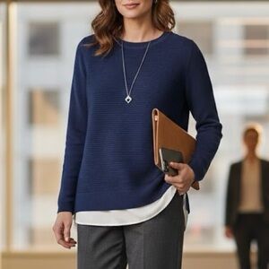 Hilary Radley Navy Layered Sweater White Hem Quiet Luxury Lagenlook Mixed Media